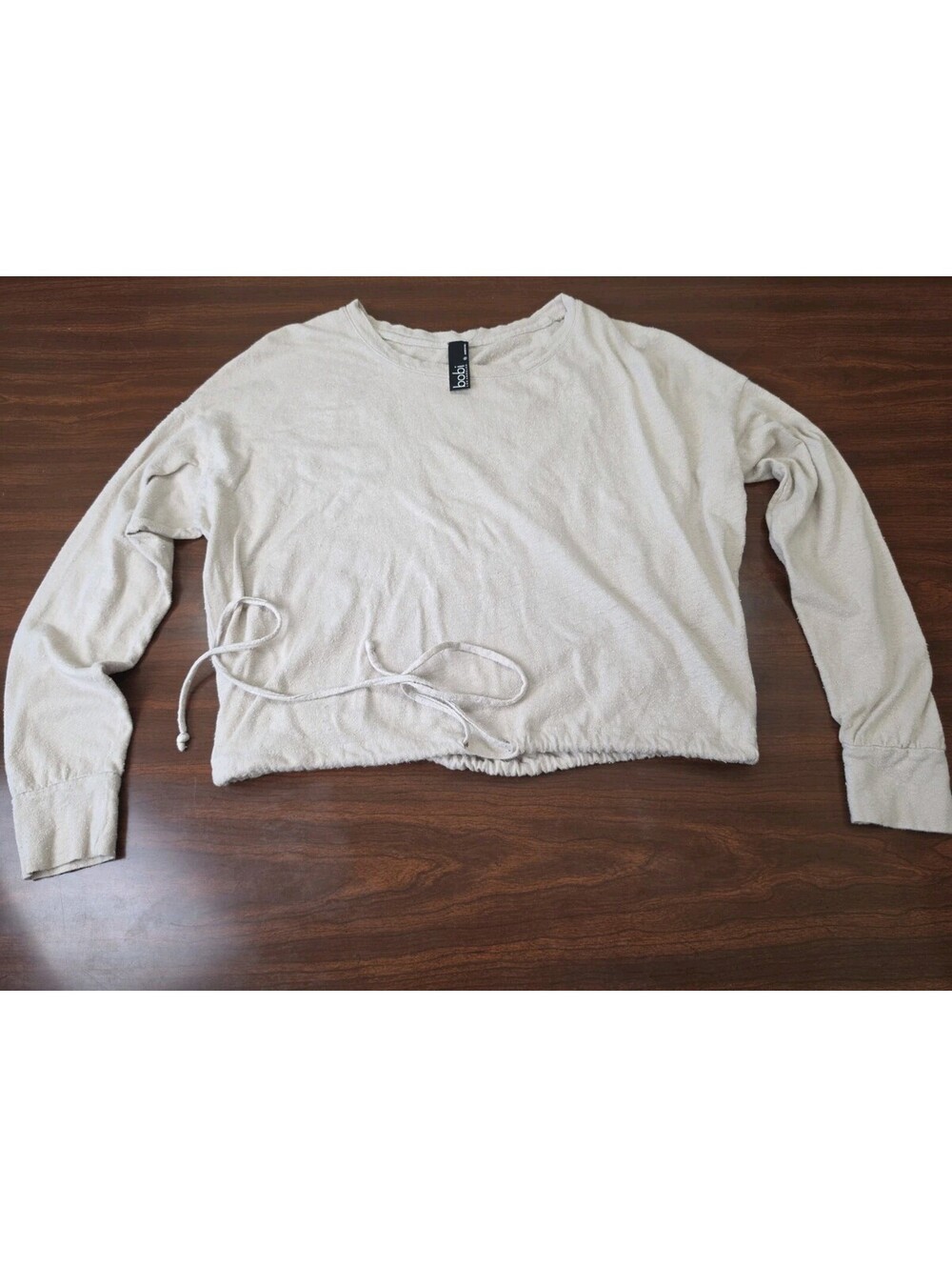 Bobi Crop Top Sweater XS Textured Beige Linen Cotton Blend Tie Waist Coquette